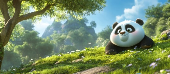 A cheerful panda resting in a lush green meadow.