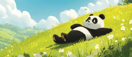 A happy panda rests peacefully in a grassy field.