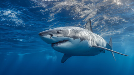 Naklejka premium Great white shark swimming gracefully through deep blue ocean water under sunlight beams. 