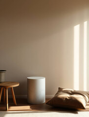 Minimalist interior with soft natural light, bean bag, and wooden side table
