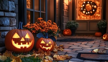 Obraz premium Halloween pumpkins on porch.
