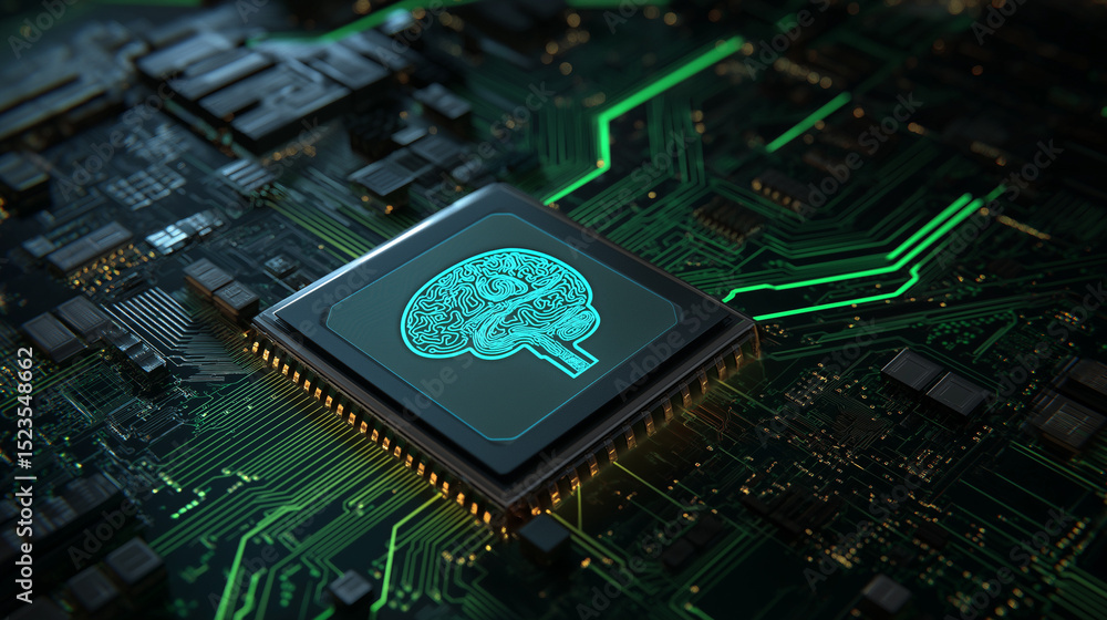 Poster futuristic microchip with a glowing brain symbol, representing artificial intelligence technology.