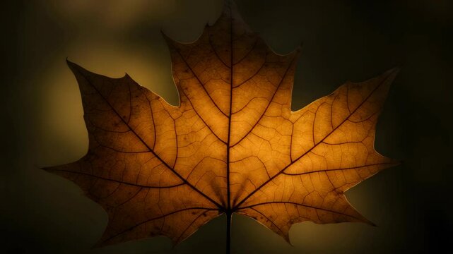 Illuminated Maple Leaf with Golden Veins on Dark Backdrop Close Up