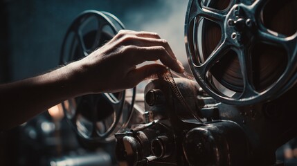 A hand delicately lifts the film from a vintage projector evoking nostalgia and cinematic history.