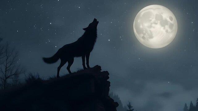 満月の夜、崖の上で遠吠えする狼のシルエット・ズームアップ
