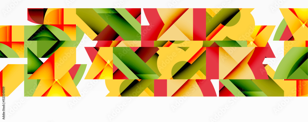 Poster Abstract geometric shapes, vibrant colors, overlapping forms create dynamic composition. Red, yellow, green dominate visual space.