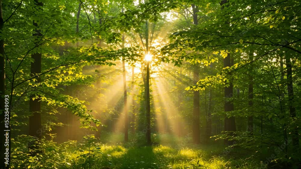 Poster lush green forest with sunlight streaming through the trees creating a magical atmosphere