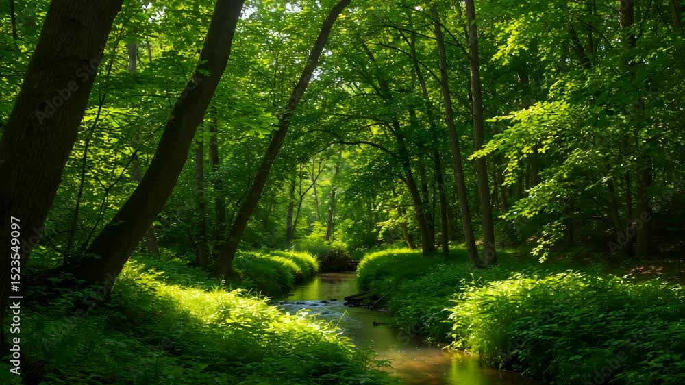 Poster lush green forest with sunlight streaming through trees and reflecting in a small stream creates a p