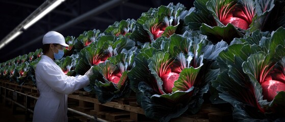 Worker inspecting red cabbages