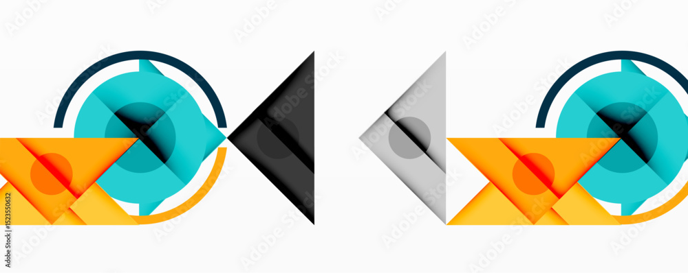 Poster Abstract geometric composition. Circles, triangles, squares overlap creating modern visual effect. Bright colors contrast with neutral tones.