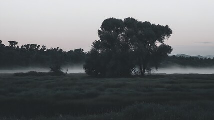 Gloomy marsh landscape with fog