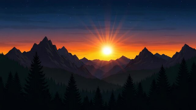 Pixelated Mountain Landscape Silhouette Against Vibrant Orange Sunset Sky With Pine Trees