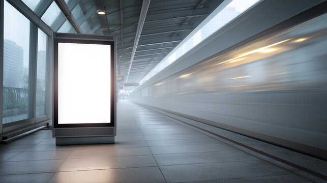 Blank advertising billboard at a modern train station with a train speeding past.
