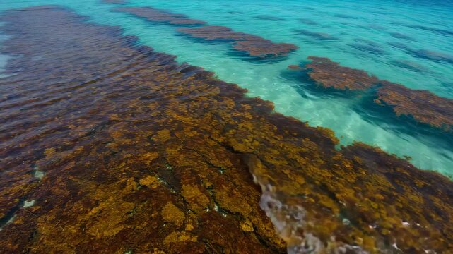 Rows of Brown Seaweed Growing at the Bottom of a Turquoise Ocean in Clear Shallow Water Reveals the Textures and Patterns of Marine