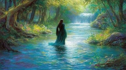 Fototapeta premium view of people in a river decorated with plants and sunlight