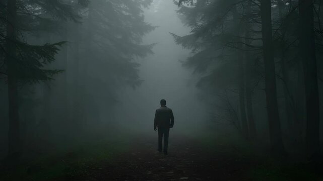 Silhouette of a Man Walks Through Dark Misty Forest With Tall Trees Creating an Eerie Atmosphere