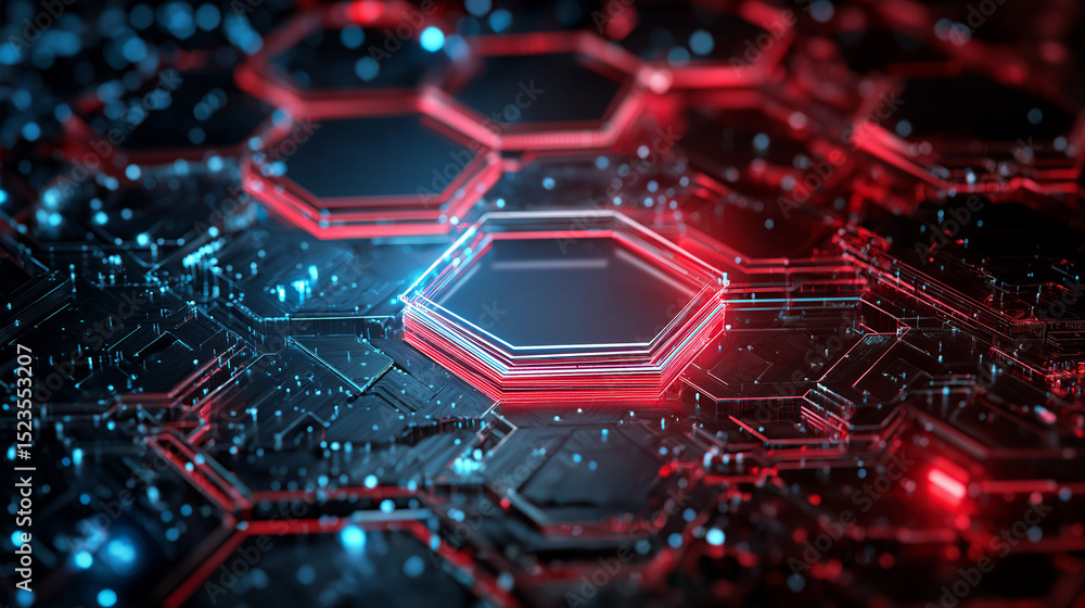 Aufkleber futuristic digital background with red hexagonal circuits and blue energy lines.