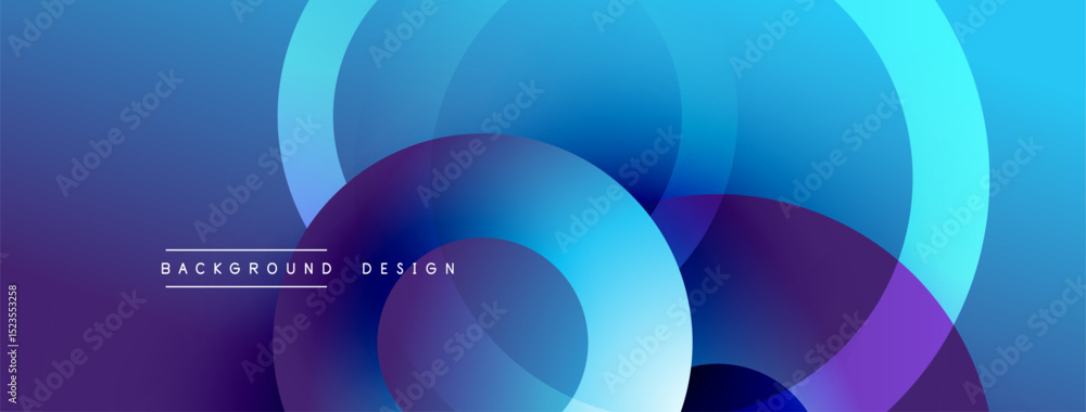 Poster Abstract background features overlapping circles, vibrant blue, purple hues. Modern design elements create dynamic visual effect.