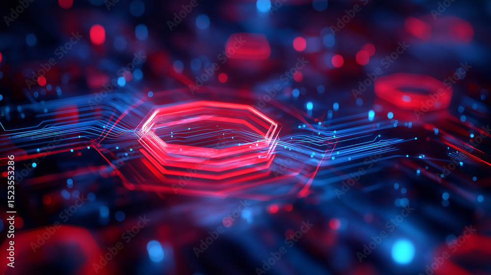 Poster futuristic digital background with red hexagonal circuits and blue energy lines.