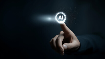 Close-up of a finger pressing a glowing AI icon in a dark digital environment.
