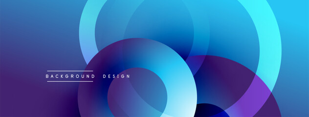 Abstract background features overlapping circles, vibrant blue, purple hues. Modern design elements create dynamic visual effect.
