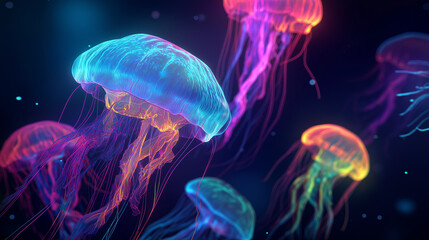 Vibrant neon jellyfish swimming in dark water with glowing translucent tentacles.
