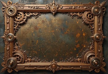 Intricate steampunk frame with gears and ornate details displayed against a textured backdrop