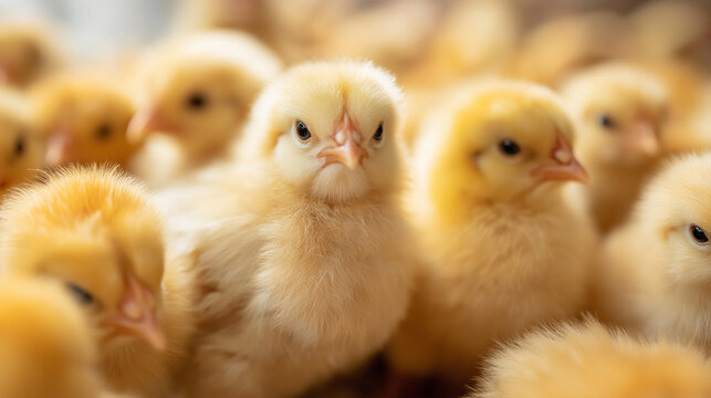 Close-up of fluffy yellow chicks gathered in a crowded hatchery environment.
