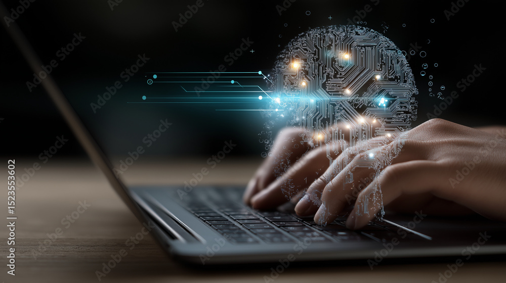 Aufkleber hands typing on a laptop keyboard with a glowing digital ai head emerging from the screen.