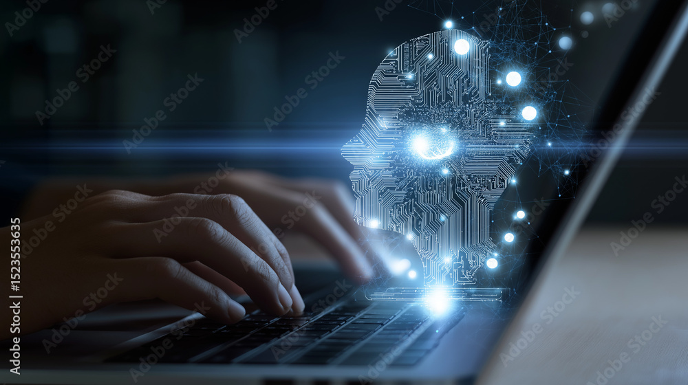 Poster hands typing on a laptop keyboard with a glowing digital ai head emerging from the screen.