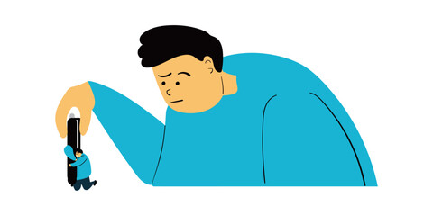Giant Holding Pen with Scared Tiny Person – Flat Illustration Concept