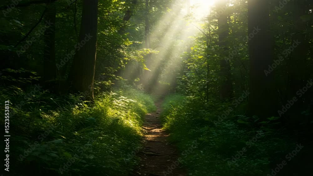 Poster sunlight filtering through dense green forest illuminating path creating magical atmosphere warm lig