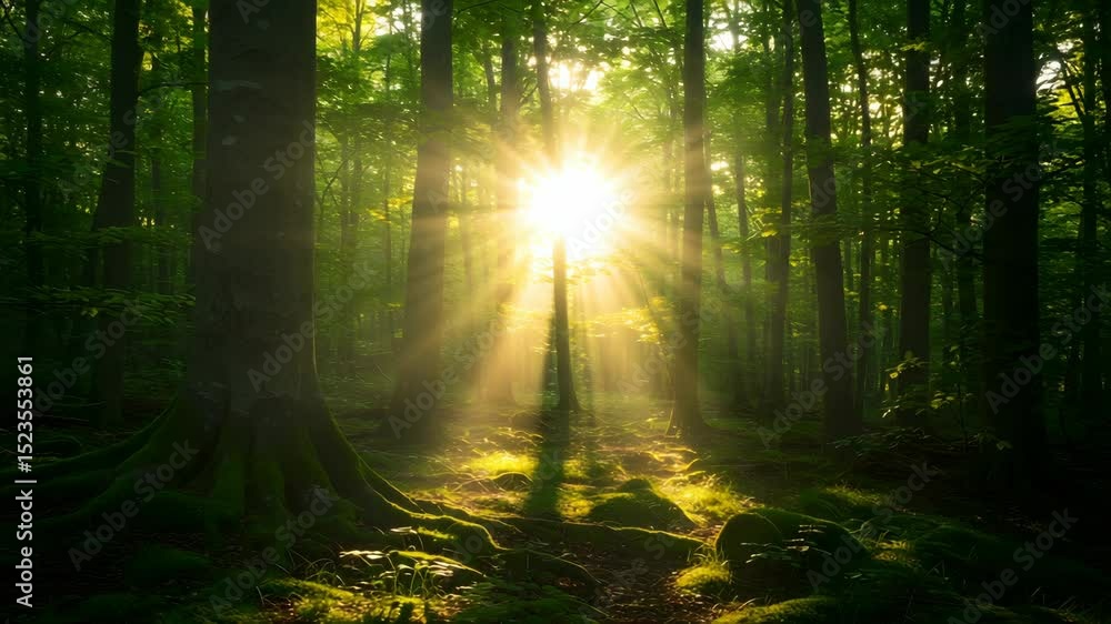 Poster sunlight streaming through dense green forest illuminating the ground and mossy tree trunks creating