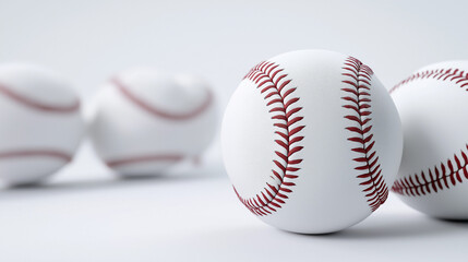 Multiple white baseballs with red stitching arranged on clean minimal background.
