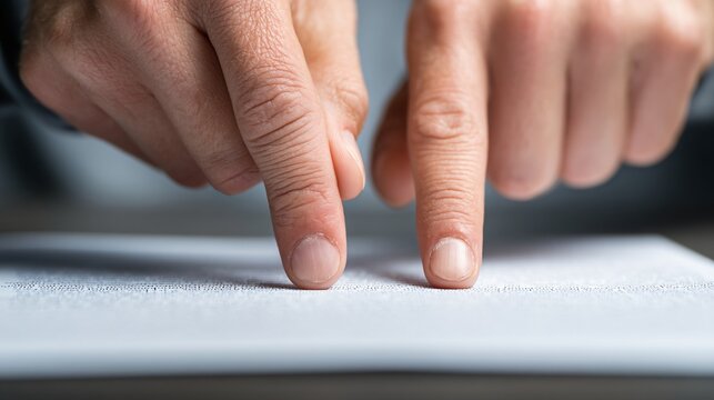 Fingers carefully pinch the crisp white surface of a business contract in intense scrutiny.