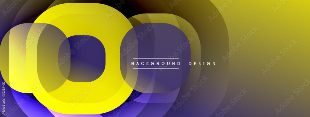 Poster Abstract yellow, purple layers create dynamic background. Modern design features overlapping circles, gradient effect. Simple text included.