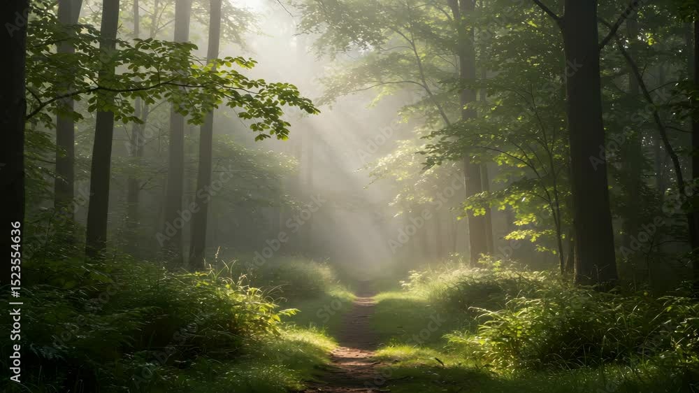 Poster sunlit forest path with lush green foliage and natural light creating a tranquil atmosphere