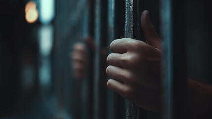 Hands gripping prison bars in low light representing incarceration and confinement.
