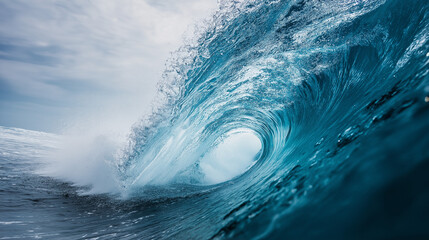Fototapeta premium Powerful ocean wave curling and crashing with dynamic energy under cloudy sky. 