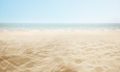 Smooth blur Scene of tropical beach with shadow of coconut tree leaf on clean sandy.Summer and holiday