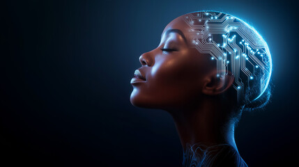 Obraz premium Profile of a woman with digital neural connections glowing across her head, symbolizing artificial intelligence and human-technology fusion. 