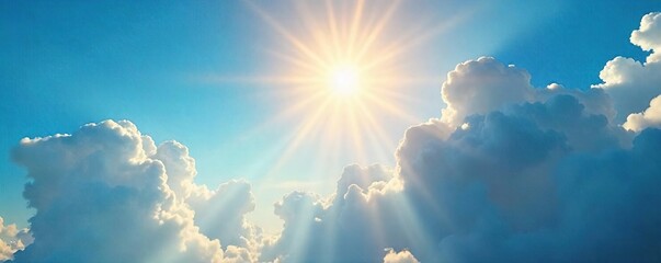 Golden sun rays bursting through fluffy white clouds, illuminating a vibrant blue sky A breathtaking, serene natural scene perfect for backgrounds or nature-themed projects , yellow, sky