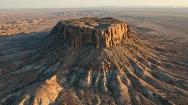 Warm Light On Desert Mesa Featuring Rugged Cliff Faces and A Flat Top Rising from the Surrounding Arid Landscape