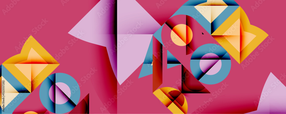 Poster Abstract geometric composition. Overlapping shapes create dynamic visual interest. Pink background emphasizes vibrant yellow, blue, lavender elements. Modern design.