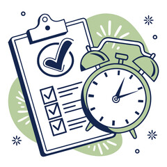 Obraz premium Clipboard with checkmarks and alarm clock illustration