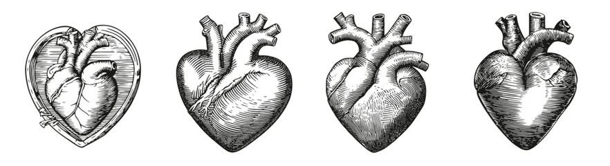 Vintage Heart Illustrations in Various Styles and Perspectives, Logo Design, Hand drawing Engraving, Vector Illustration Isolated Object