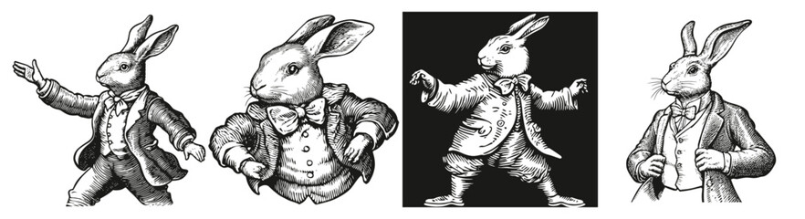Stylish Dancing Rabbit in Vintage Elegant Outfits for Unique Illustrations, Logo Design, Hand drawing Engraving, Vector Illustration Isolated Object