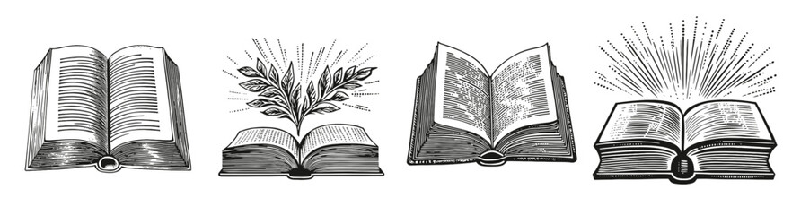 Vintage Book Illustrations with Decorative Elements and Designs, Logo Design, Hand drawing Engraving, Vector Illustration Isolated Object