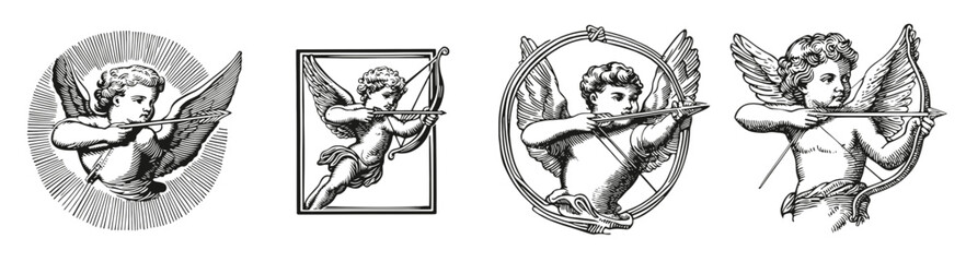 Vintage Cupid Illustrations with Bow and Arrow Designs for Decor, Logo Design, Hand drawing Engraving, Vector Illustration Isolated Object