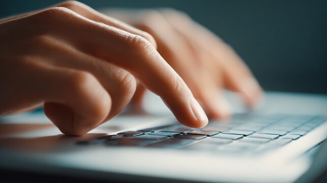 A professional is using a laptop, fingers are scrolling on the trackpad with motion blur effect.